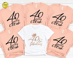 four shirts with the number 40 and forty years printed on them