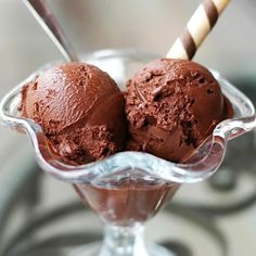 two scoops of chocolate ice cream in a glass bowl