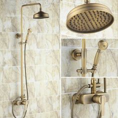 the shower head and handset are shown in three different pictures, one is gold