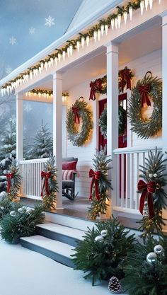 a porch decorated for christmas with wreaths and lights