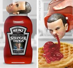 two pictures one with a man's head and the other has a bottle of syrup