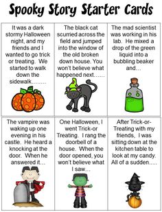 the spooky story starter cards with pictures and words to help students learn how to spell