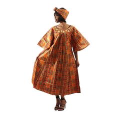 Dress for African elegance Explore supreme cultural style with this kente umbrella dress. Soft, beautiful, and with a style that gives any woman a feminine silhouette. Comes with head wrap. Embroidery Color Is Gold.100% cotton, best if hand washed. Made in India. C-WF609 SM fits up to a 42" bust and 49" length. MD fits up to a 46" bust and 49" length. LG fits up to a 48" bust and 50" length. Free size fits up to a 50" bust and is 50" in length. XL fits up to a 52" bust and 50" length. 1X fits up Umbrella Dress, African Attire, Dress Set, Head Wrap, African Dress, Head Wraps, Set Dress, Free Size, Umbrella