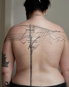 the back of a woman's body with electrical wires on her upper and lower back