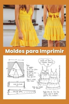 a woman wearing a yellow dress with ruffles on it and the words moldes para imprimir