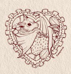 a drawing of a squirrel holding a strawberry