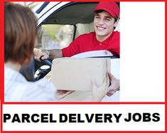 a woman is handing a parcel to a man in the back of a truck that says parcel delivery jobs