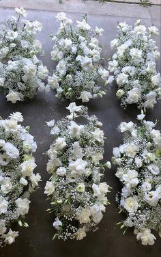 white flowers are arranged in rows on the ground