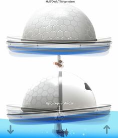 an image of a boat floating in the water with a dome on it's side