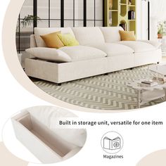 a white couch sitting on top of a living room floor next to a book shelf