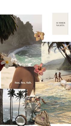 a collage of photos with people on the beach and palm trees in the background