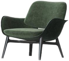 an upholstered green chair with black legs and arm rests on a white background