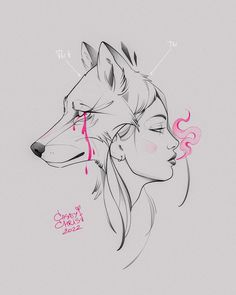 a drawing of a woman's face with a wolf on her head and the words,