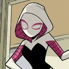 an animated spider - girl is standing in front of a mirror with her hands on her hips