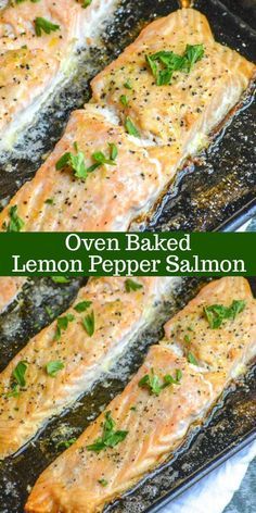 baked lemon pepper salmon in a pan with herbs and seasoning on the side, ready to be cooked