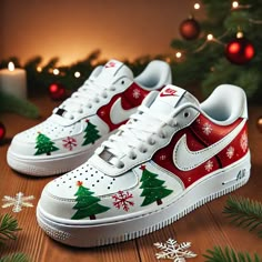 Celebrate the holiday season with these custom Christmas-themed Nike Air Force 1 sneakers. Each pair is made to order with festive hand-painted designs to spread holiday cheer and showcase your unique style. Product Details: Design: Christmas-themed, featuring holiday-inspired artwork. Custom-Made: Each pair is crafted to order, ensuring a unique product just for you. Pricing: The price listed includes the shoes and domestic shipping. What You See Is What You Get: The product in the image above Custom Forces, Painted Af1, Painted Air Force 1, Skates Shoes, Painted Canvas Shoes, Air Force 1 Sneakers, Nike Air Force 1 Mid, Nike Air Force 1 High, Christmas Shoes