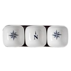 three white dishes with blue letters and compass symbols on them, one has the letter n in it's center