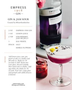 an advertisement for a gin and jam sour cocktail with flowers in the glass next to it