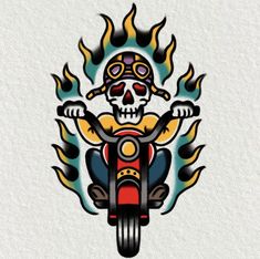 a skull riding a motorcycle with flames coming out of it