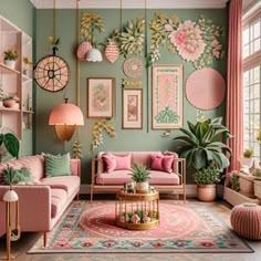 a living room filled with pink furniture and lots of plants on the wall above it