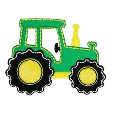 a green tractor with yellow wheels on it's face and black tires is embroidered onto the side of this applique