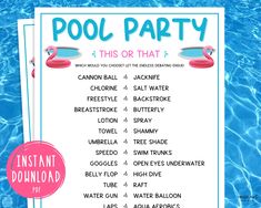 the pool party game is shown in pink and blue with an image of a flamingo swimming