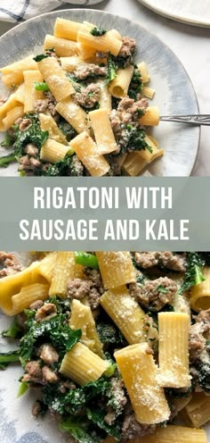 rigatoni with sausage and kale on a plate