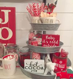 a shelf filled with lots of candy and other items next to a sign that says good morning all candy cane christmas friends hope see more