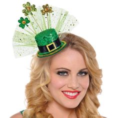 Don't get caught without something green this St. Patrick's Day! This mini top hat is covered in green sequins and features tulle and glitter shamrocks. Green Novelty Party Hat, Fun Green Mini Hats For Parties, Fun Green Mini Hats For Party, Green Fun Party Mini Hats, Something Green, St Patrick's Day Decorations, Hat Decoration, Mini Top Hat, Mini Top