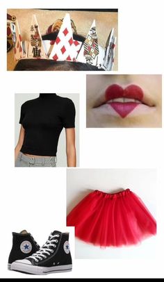 a collage of photos with red and white accessories on top of each other, including black converse shoes