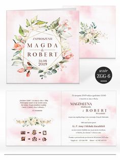 an elegant wedding card with flowers and leaves on pink watercolor paper, is shown