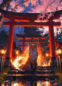 a fox sitting in front of a fire pit under a cherry blossom tree at night