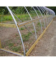 a long row of metal greenhouses on the side of a dirt road with trees in the background