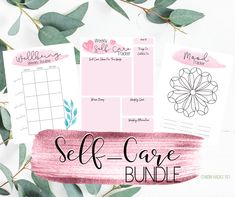 the self care printable bundle is shown with eucalyptus leaves and pink watercolor paper