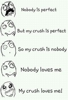 four different faces with the words nobody is perfect but my crush is perfect so my crush is nobody nobody loves me