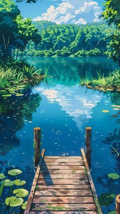 a painting of a wooden dock in the middle of a lake surrounded by lily pads