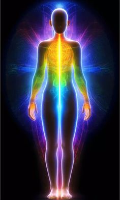 the human body is surrounded by colorful light and energy lines, as well as an image of