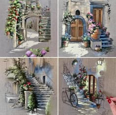 four pictures of steps and flowers in different stages of being painted with colored pencils