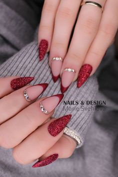 Red Stylish Nails, Fancy Almond Nails Ideas, Wedding Nails Red And Gold, Blush Pink Valentines Nails, Red Nails Crystals, Red Nails Design Glitter, Red Almond Shaped Nails Design, Petite And Curvy Fashion, Matte Red French Tip Nails