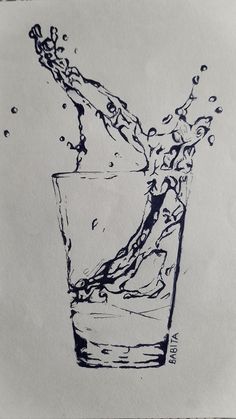 an ink drawing of a glass with water splashing out of it's side