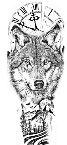 a black and white drawing of a wolf with a clock on its face behind it