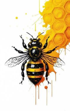 a painting of a bee with yellow and black paint splatters on it's back