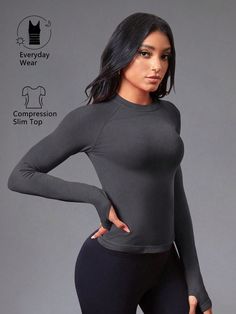 Women's Solid Color Round Neck Raglan Sleeve Long Sleeve Sports T-Shirt With Seamless Thumbs Hole Dark Grey   Long Sleeve Fabric Plain  High Stretch  Women Activewear, size features are:Bust: ,Length: ,Sleeve Length: Raglan Sleeve Outfit, Gym Wear For Women, Breast Tape Lift, Workout Fits, Sports T Shirt, Women Sports, Sport T-shirts, Sports Tees, Womens Long Sleeve Shirts