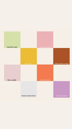 the color scheme is shown with different colors and words in each section, including orange, pink