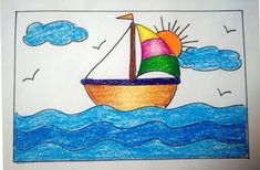 a drawing of a sailboat in the ocean with clouds and sun on it's side