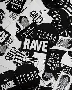 many black and white stickers on top of each other with the words rave printed on them