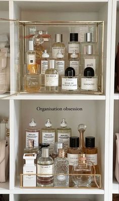 the shelves are filled with different types of perfumes