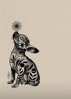 a black and white drawing of a dog with a star on it's head