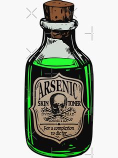 an illustration of a green bottle with a skull on the top and label above it