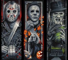 three different movie posters with the characters from halloween movies painted on one side and an image of a person holding a knife in the other